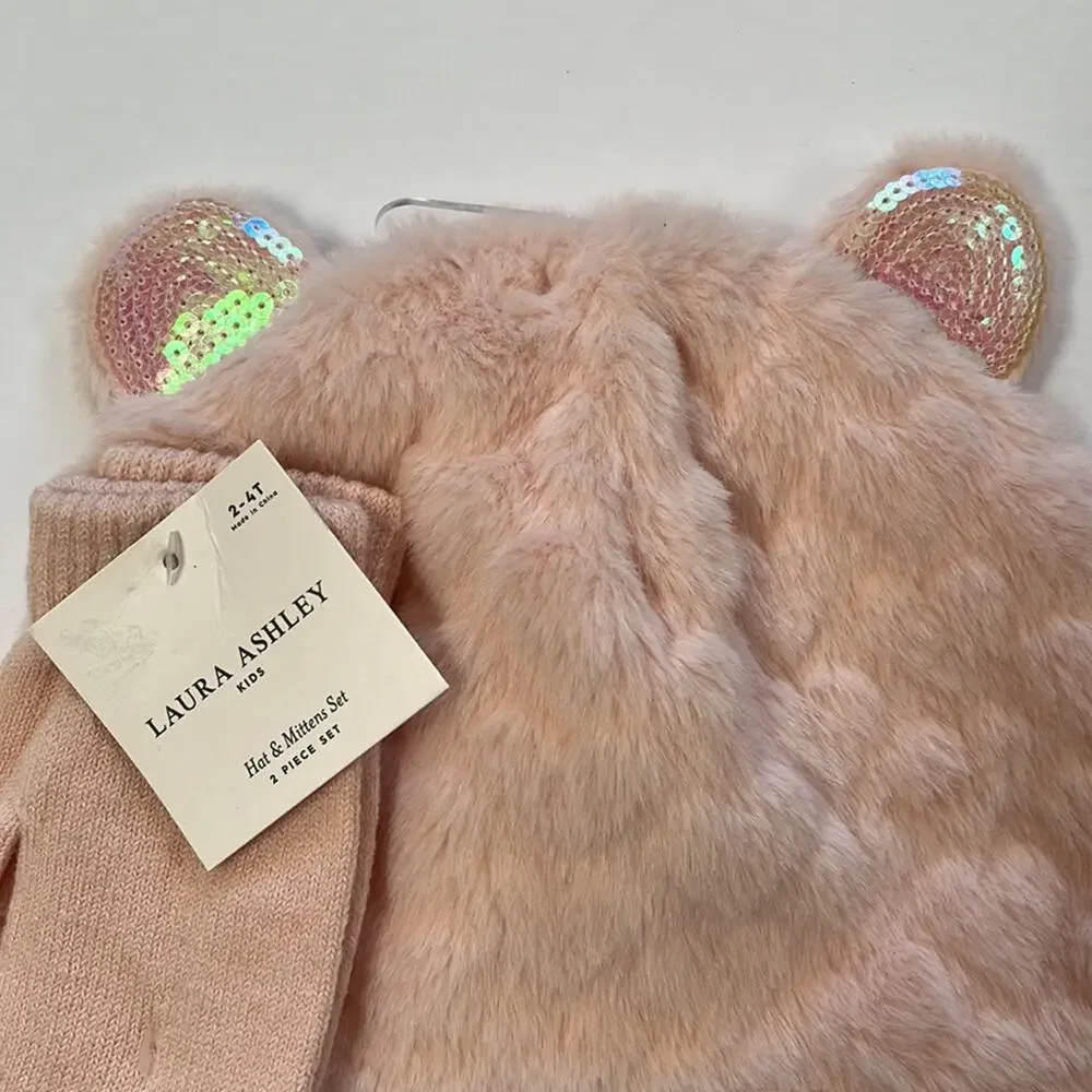 Laura Ashley Hat & Mittens Set Girls Size 2-4T Pink Sequin Ears Lined